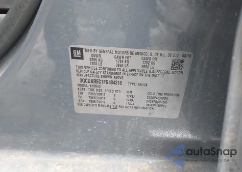 2015 Chevrolet Silverado 1500 1Lt из США, поврежденный, VIN 3GCUKREC1FG484218